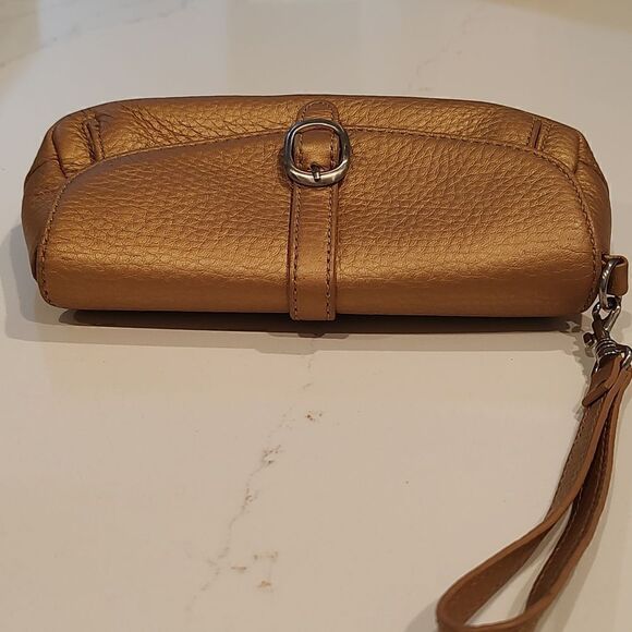 Talbot's Metallic Gold Pebbled Leather Wristlet Clutch Bag Silver Hardware - Picture 7 of 11